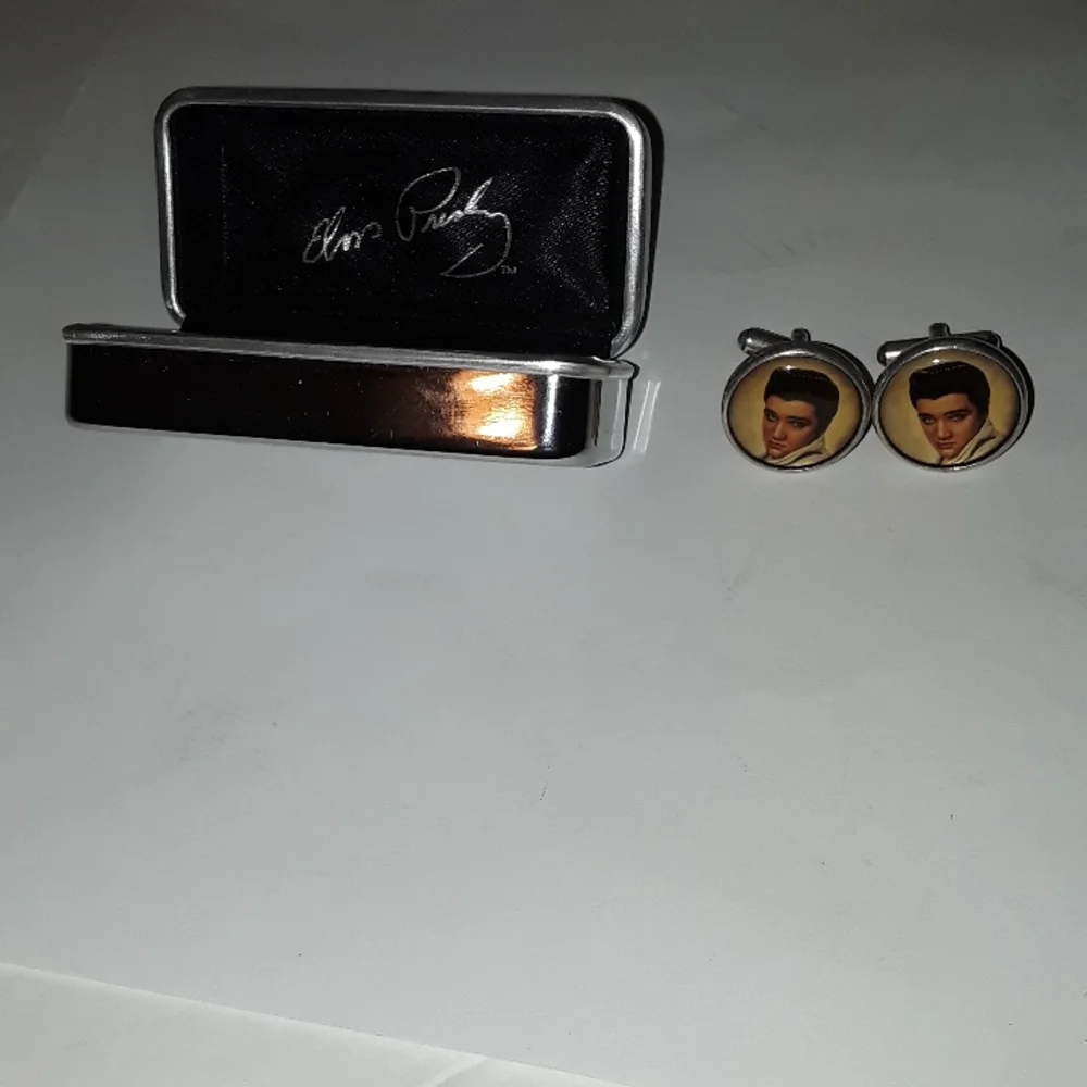 c VINTAGE ELVIS PRESLEY NYLON IMAGE INLAY 925 SILVER CUFFLINK SET IN BOX